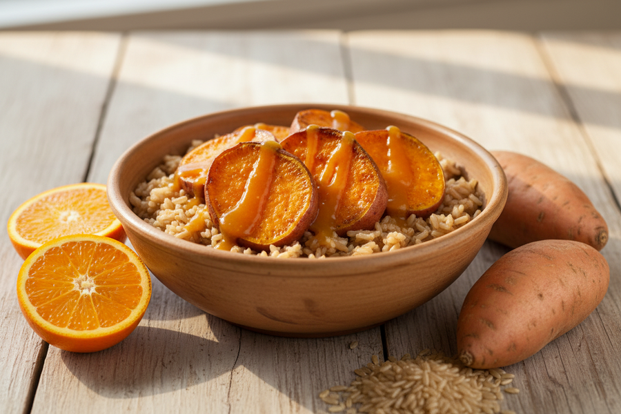 Batata asada con Naranja y Arroz Yamaní